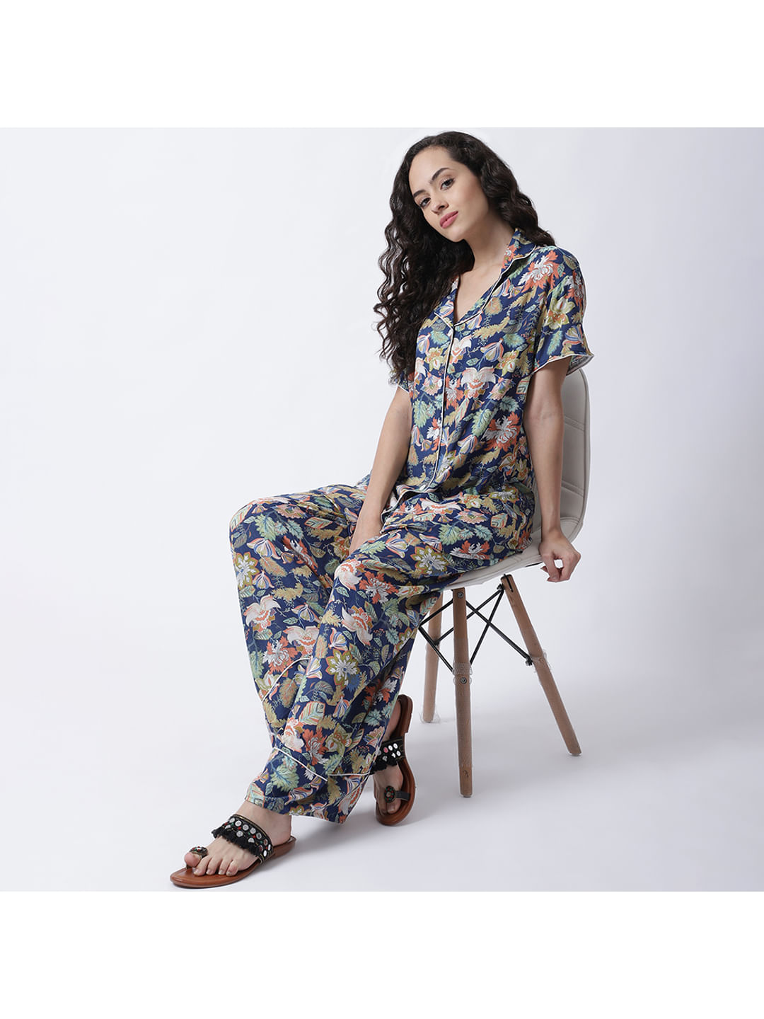 Rayon Blue Botanical Printed Night Suit set of Shirt & Pyjama trouser