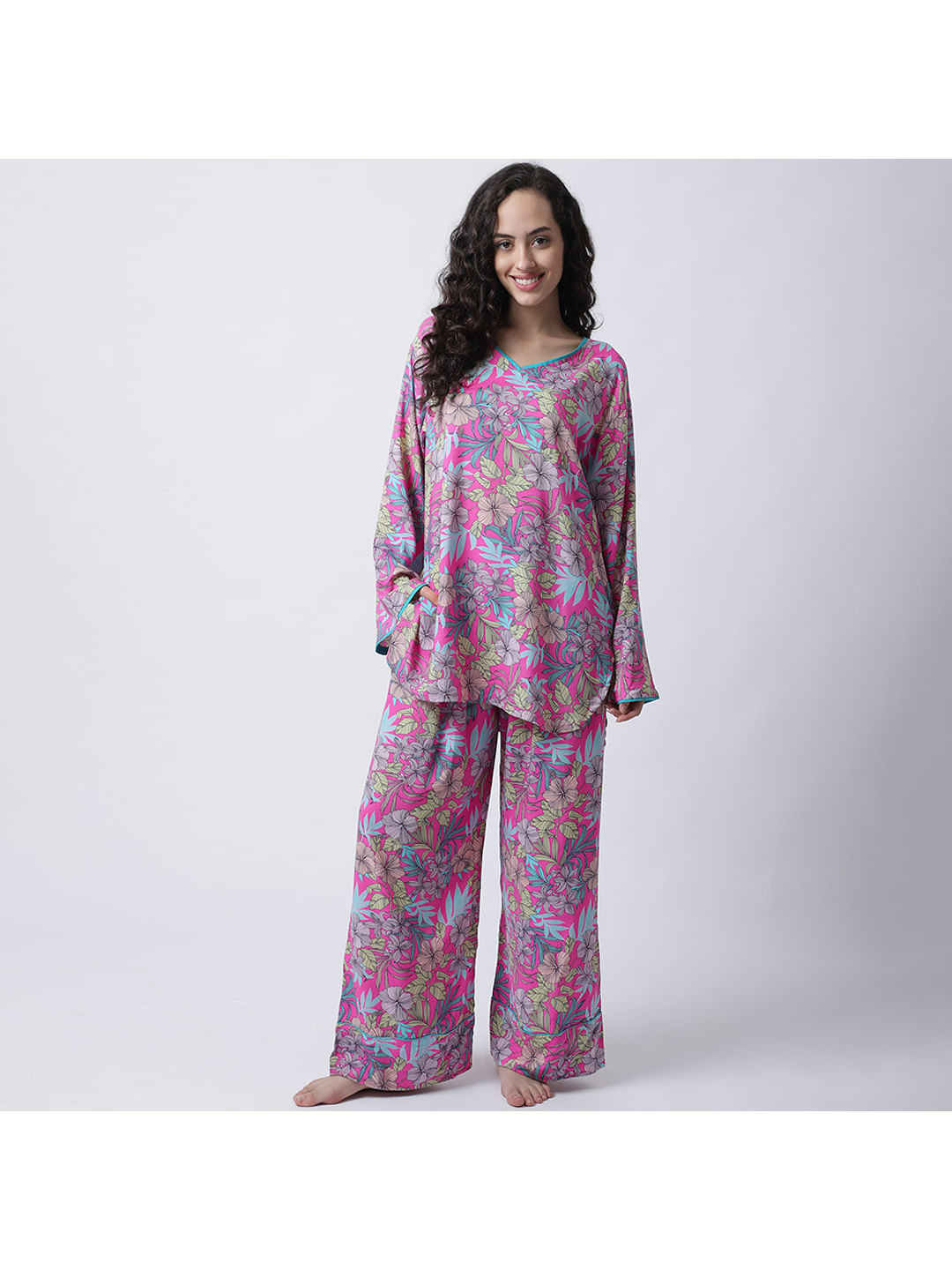 Buy Rayon Pink Botanical Printed Night Suit set of Top & Pyjama trouser for  Women at Secret Wish