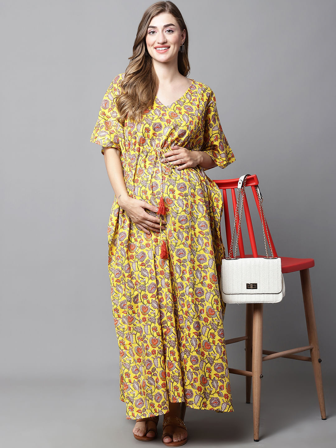 Yellow & Red Floral Maternity Kaftan
