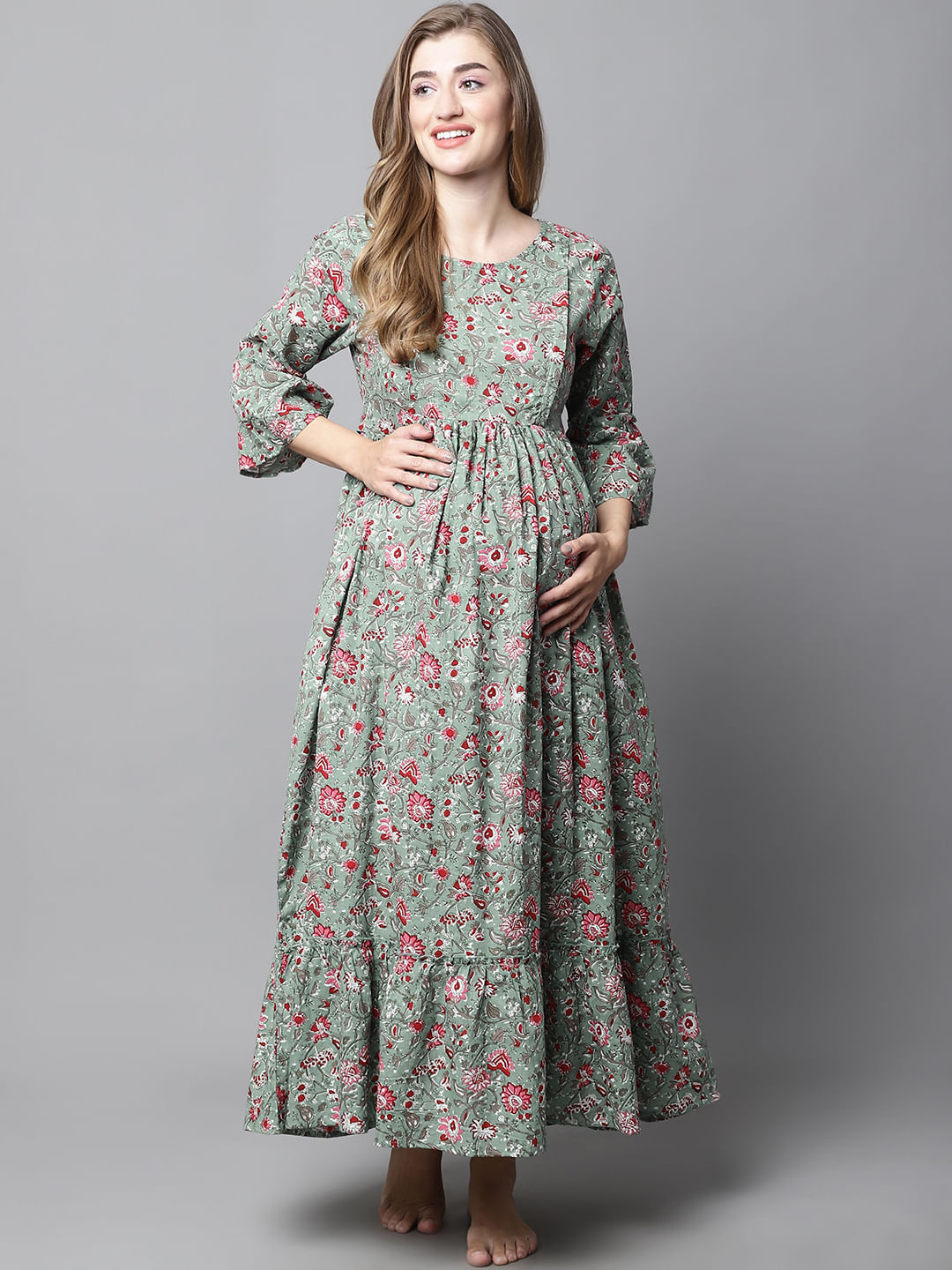 Green & Red Floral Maternity dress
