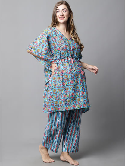 Blue & Red Cotton Floral Maternity Night Suit