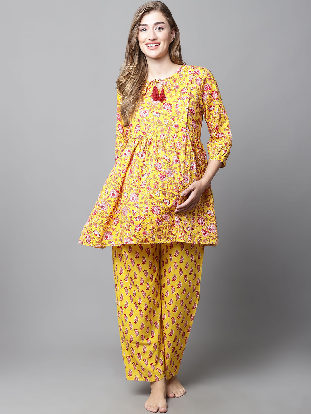 Yellow & Red Cotton Floral Maternity Night Suit