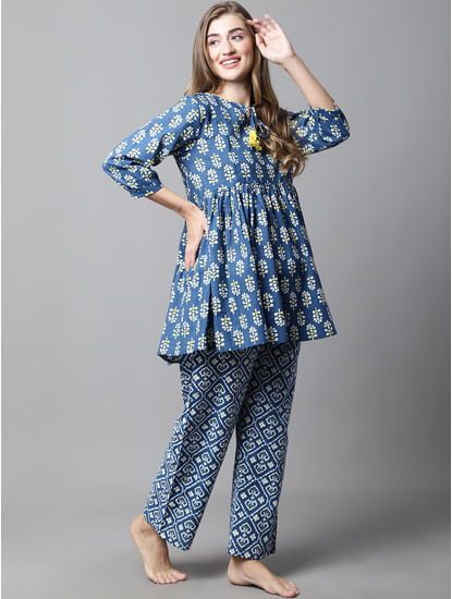 Blue & Yellow Cotton Floral Maternity Night Suit