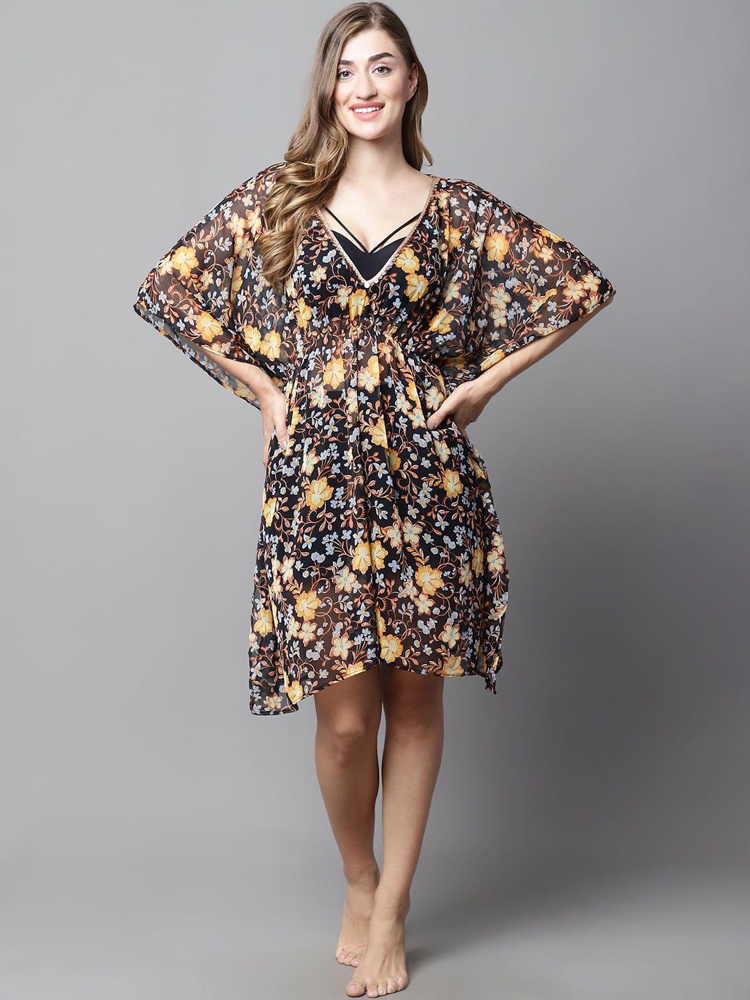 Black & Yellow Floral Cover Up Dress