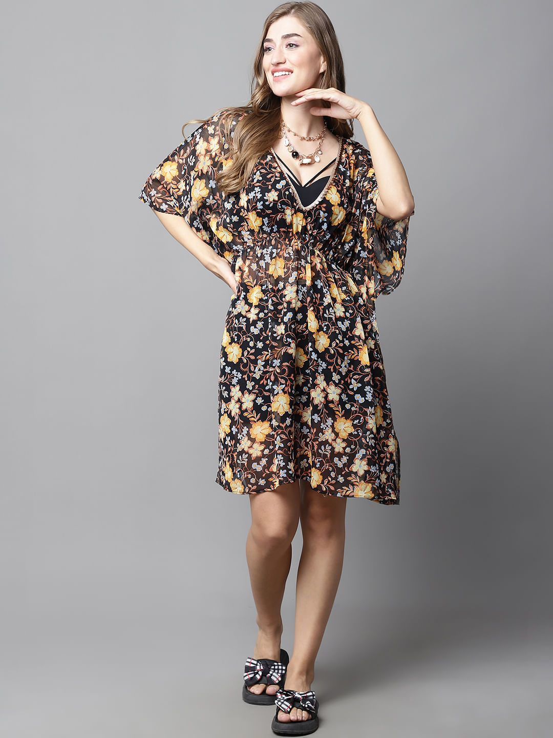 Black & Yellow Floral Cover Up Dress