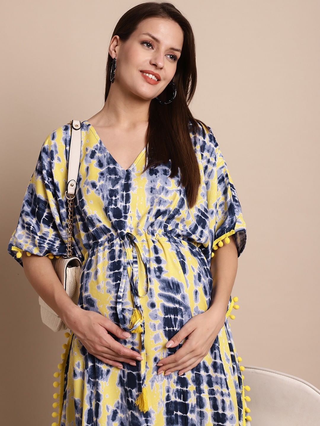 Yellow & Blue Tie & Dye Maternity Kaftan