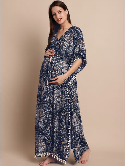 Navy Blue Paisely Print Maternity Kaftan