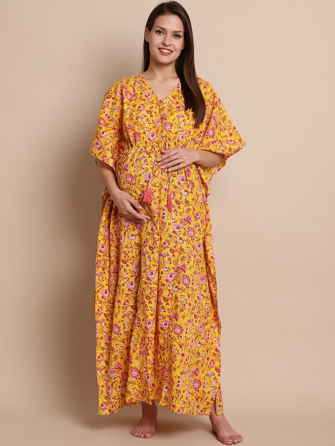 Yellow & Red Cotton Floral Maternity Kaftan