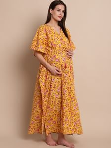 Yellow & Red Cotton Floral Maternity Kaftan