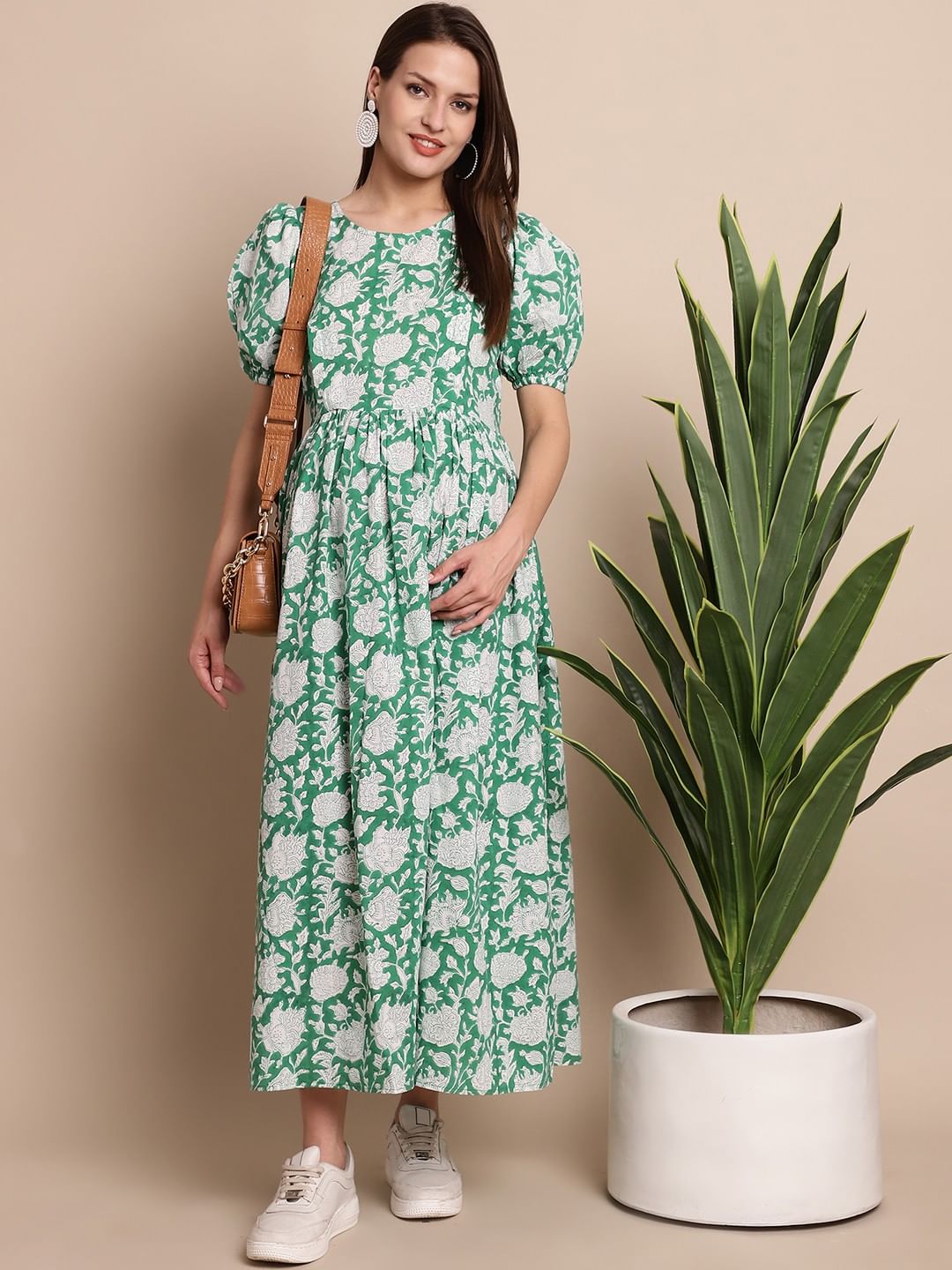Green Floral Block Print Maternity Dress