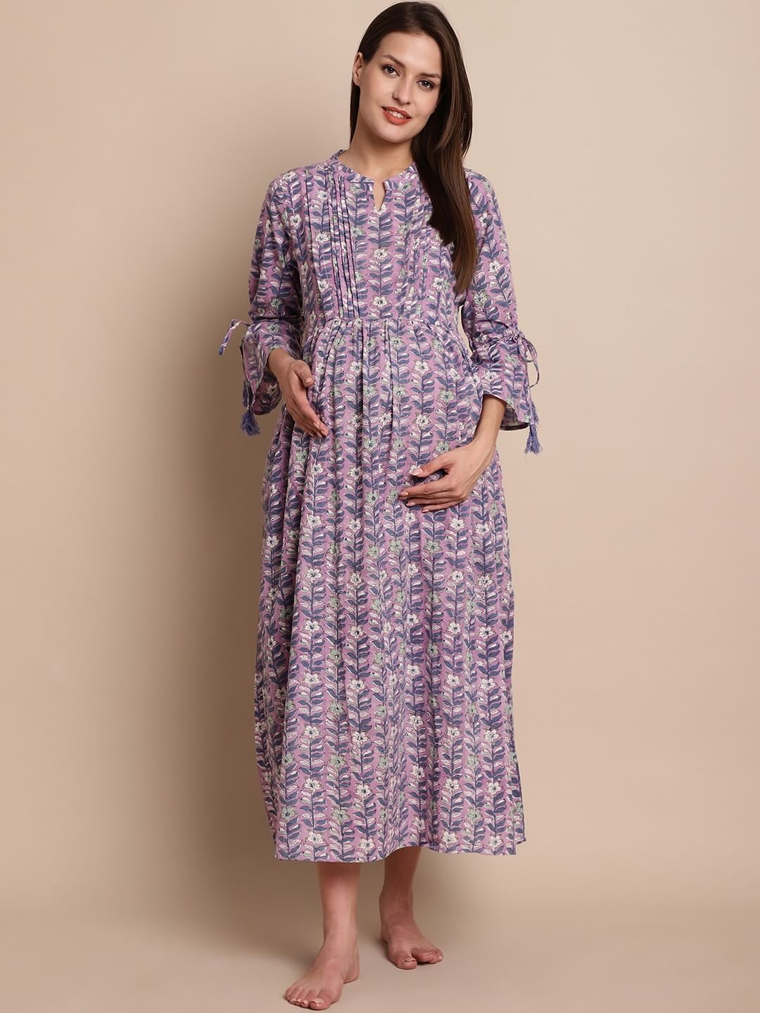 Purple Floral Block Print Maternity Dress