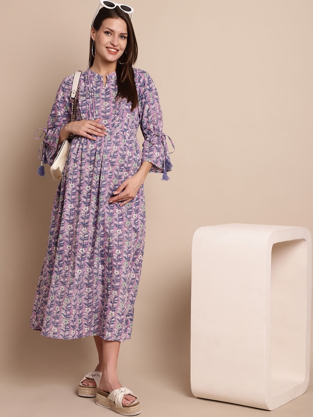 Purple Floral Block Print Maternity Dress