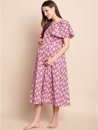 Pink & White Printed Maternity Dress