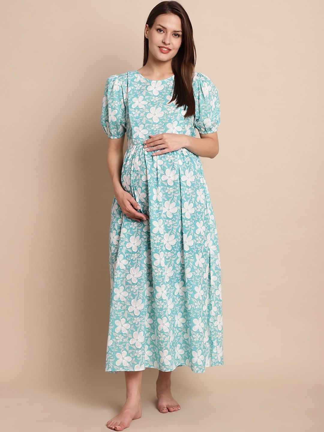 Sky Blue & White Floral Maternity Dress