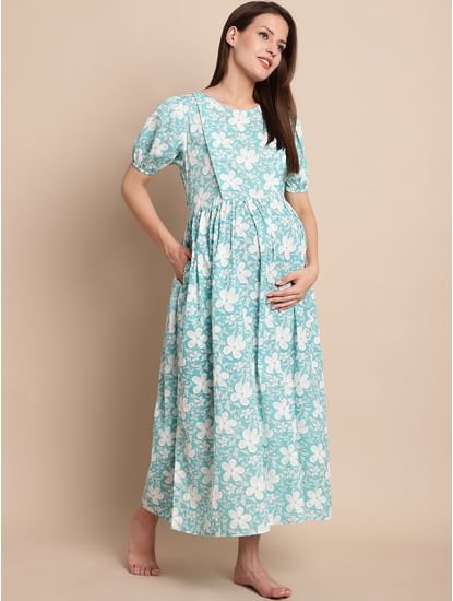 Sky Blue & White Floral Maternity Dress