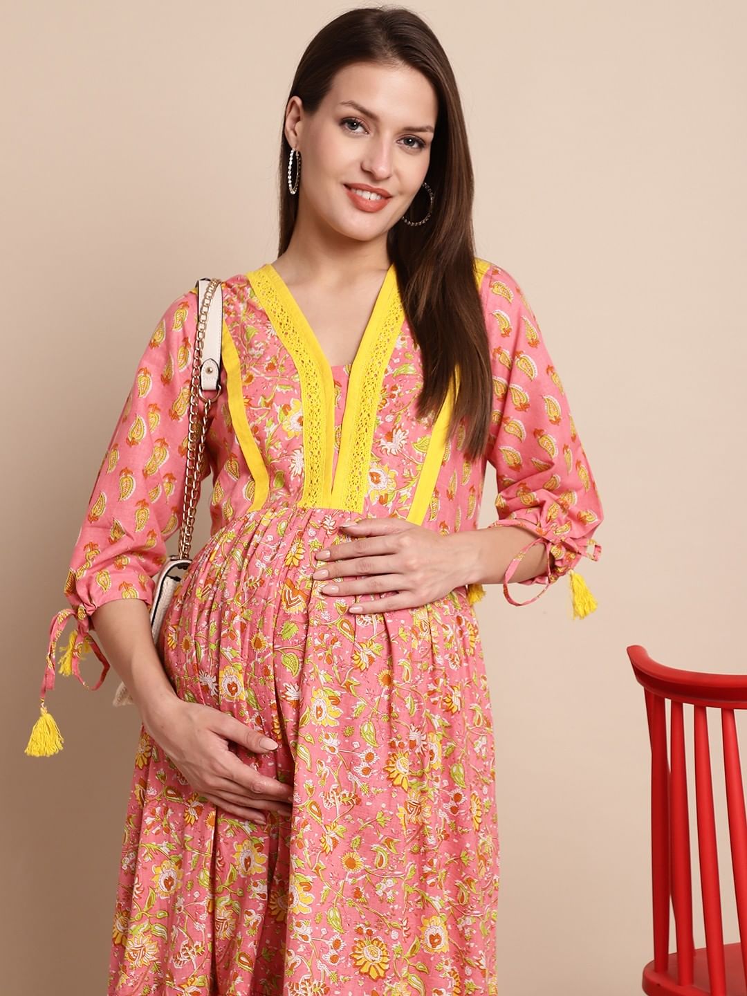 Peach & Yellow Floral Maternity Dress