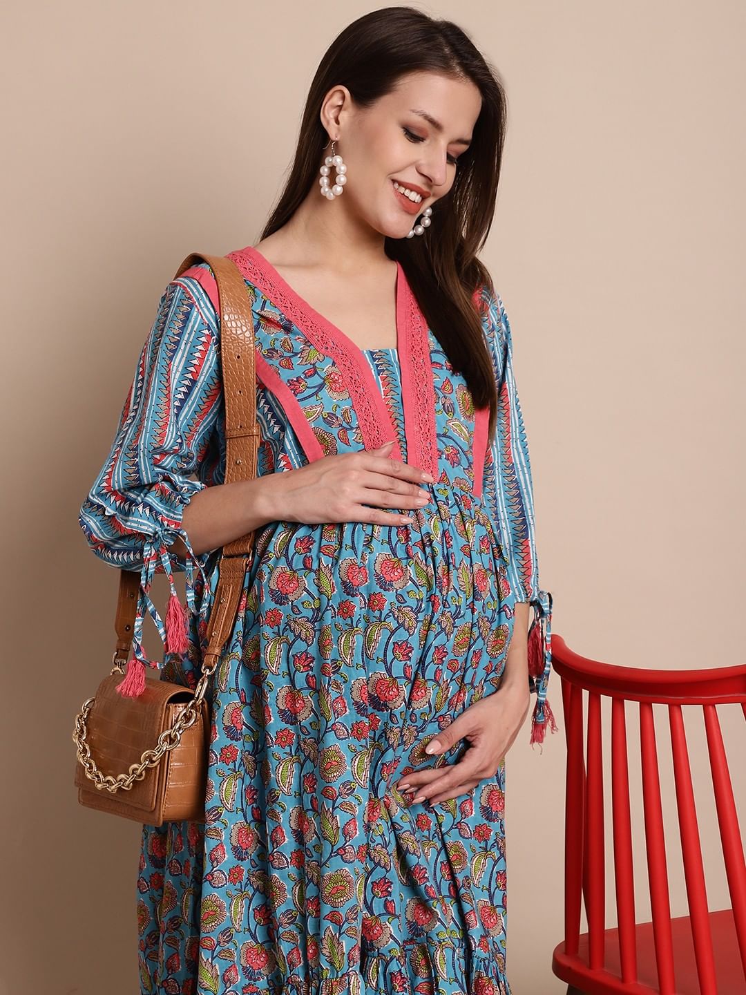 Blue & Peach Floral Maternity Dress