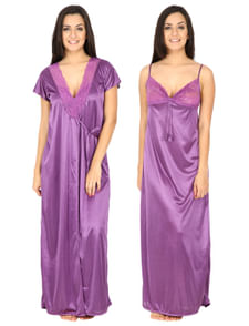 Satin Purple Long Nighty with Robe (Free Size)