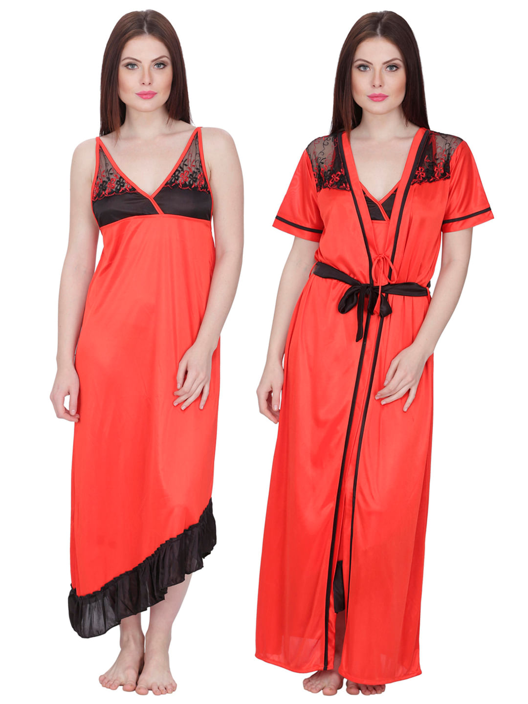 Satin Nighty with Robe (Red, Free Size)