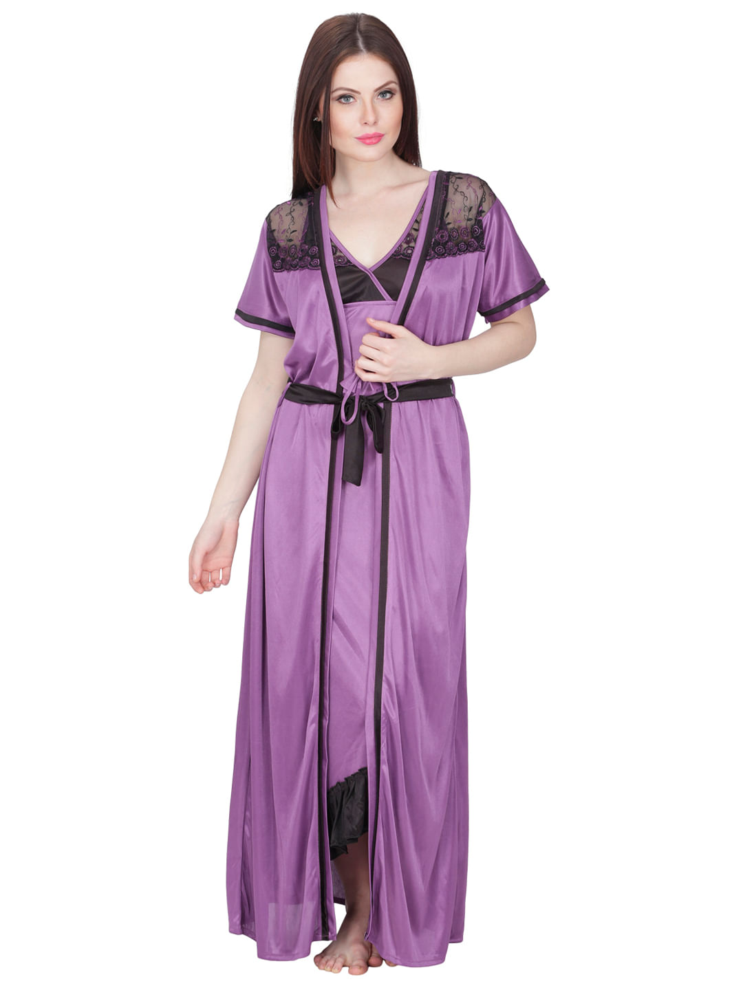 Satin Nighty with Robe (Purple, Free Size)