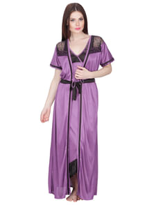 Satin Nighty with Robe (Purple, Free Size)