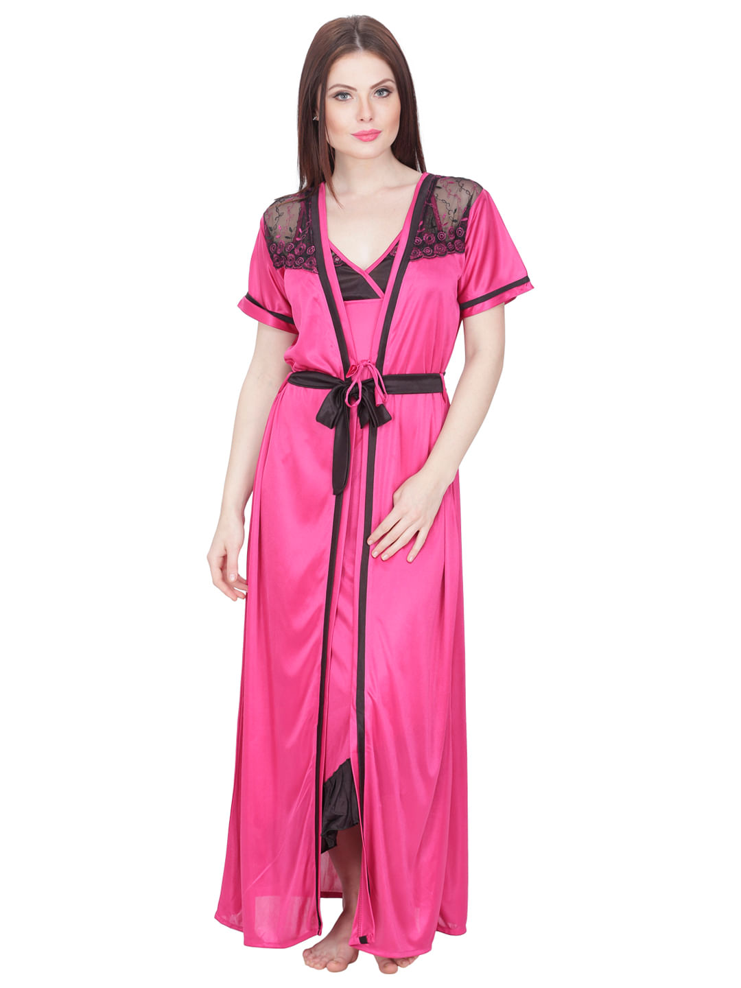 Satin Nighty with Robe (Pink, Free Size)
