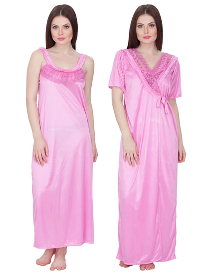Satin Nighty with Robe (Pink, Free Size)