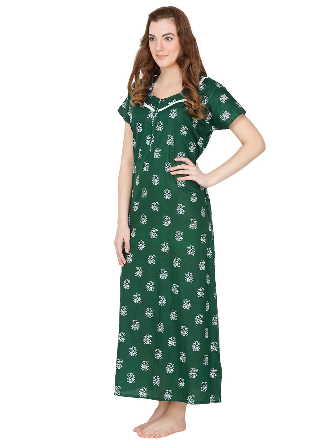 Secret Wish Women's Green Cotton Printed Maxi Nightdress 