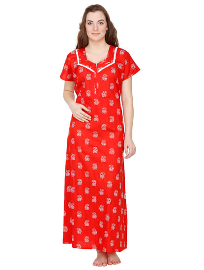 Secret Wish Women's Red Cotton Printed Maxi Nightdress 