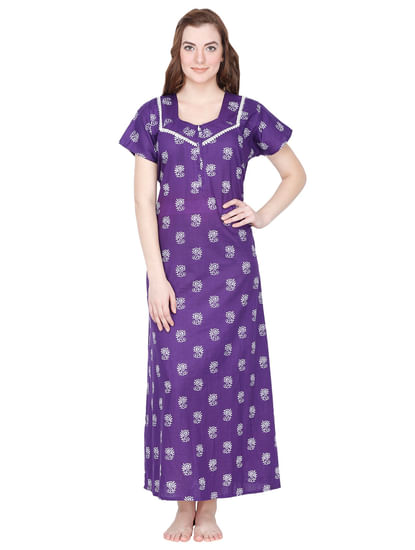 Secret Wish Women's Purple Cotton Printed Maxi Nightdress 