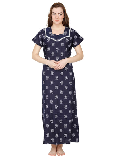 Secret Wish Women's Blue Cotton Printed Maxi Nightdress 