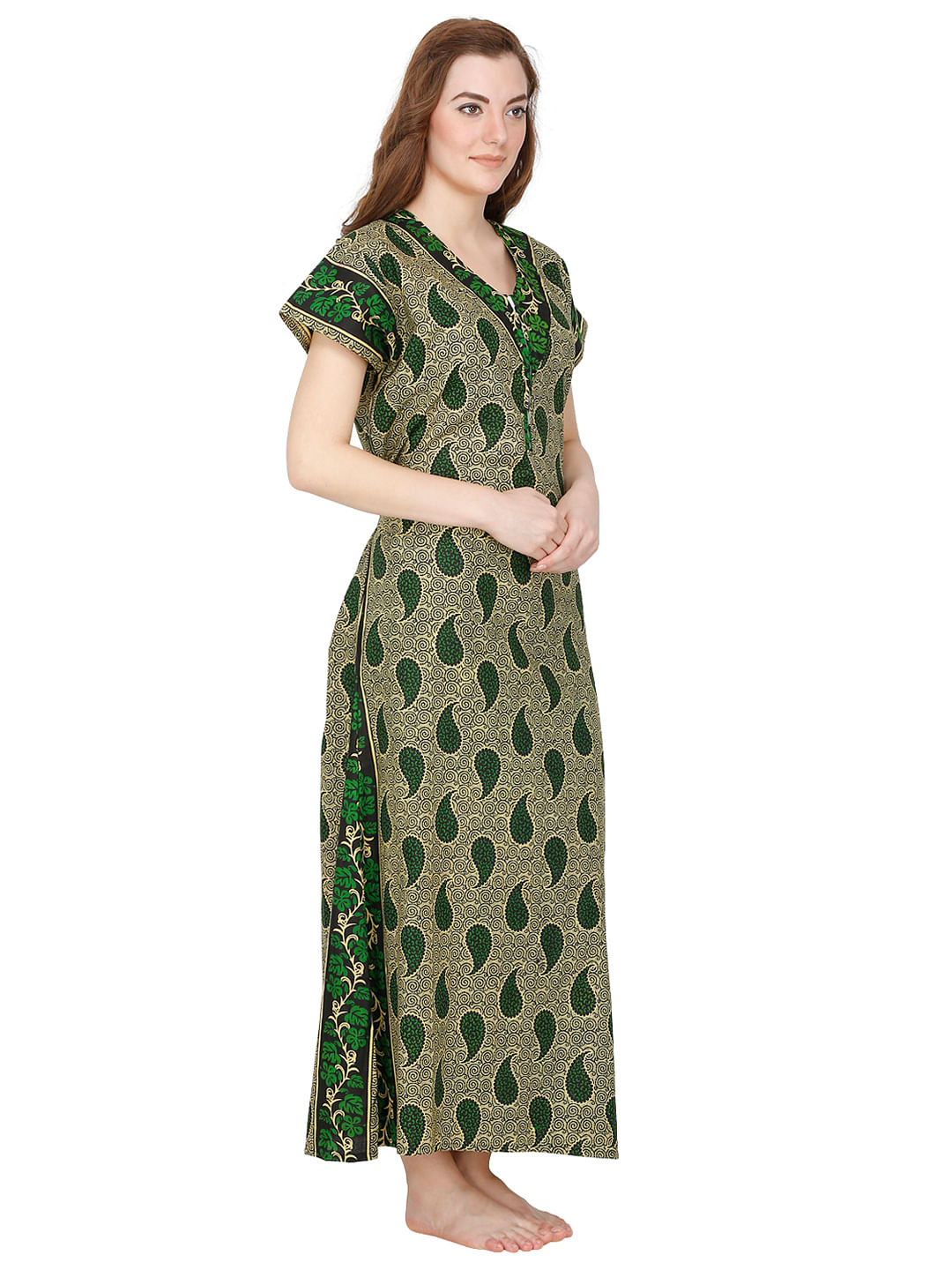 Green-Beige Paisley Print Cotton Maxi Nightdress