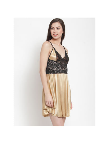 Satin Gold Solid Babydoll (Free Size)