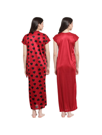 Red Satin Printed Robe Set (Free Size)