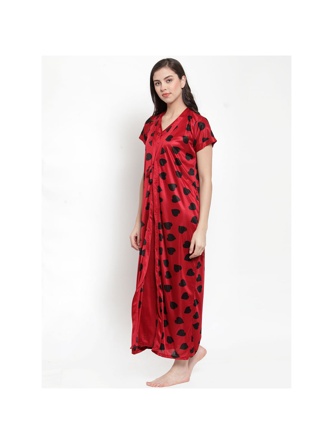 Red Satin Printed Robe Set (Free Size)