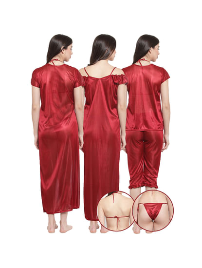 Red Satin Solid Robe Set (Free Size)