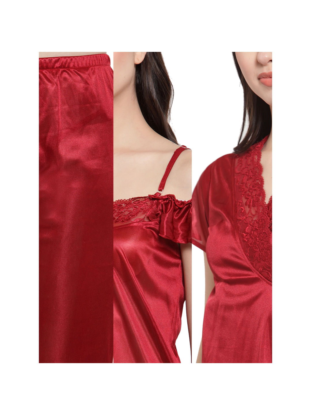 Red Satin Solid Robe Set (Free Size)
