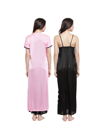 Baby Pink-Black Satin Solid Robe Set (Free Size)