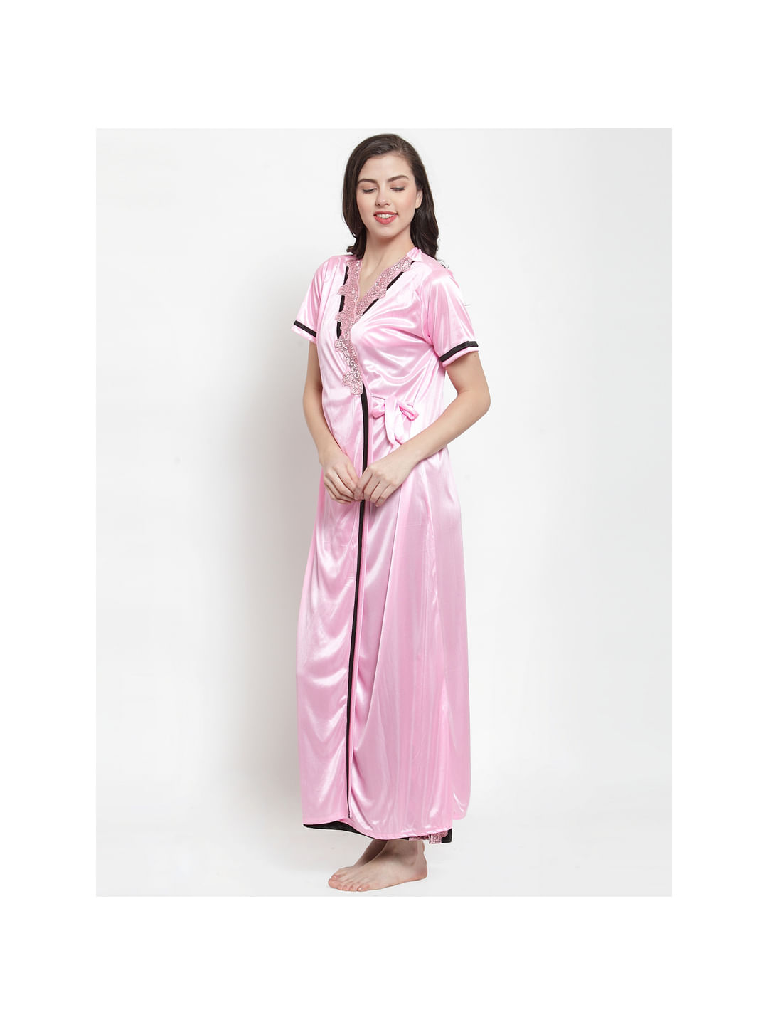 Baby Pink-Black Satin Solid Robe Set (Free Size)