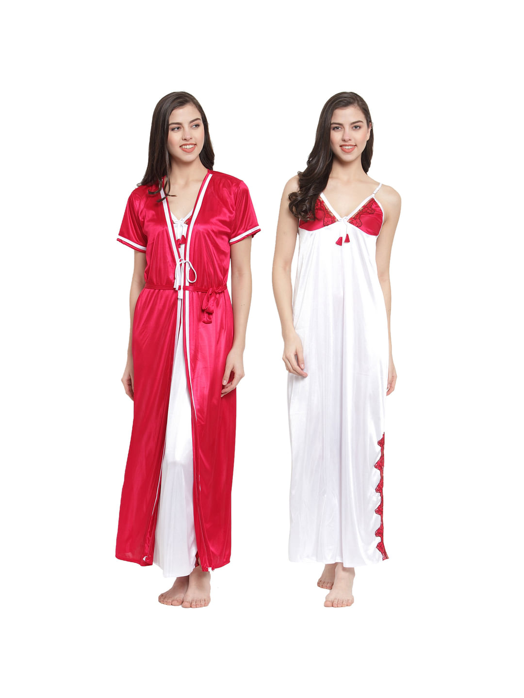 Pink-White Satin Solid Robe Set (Free Size)