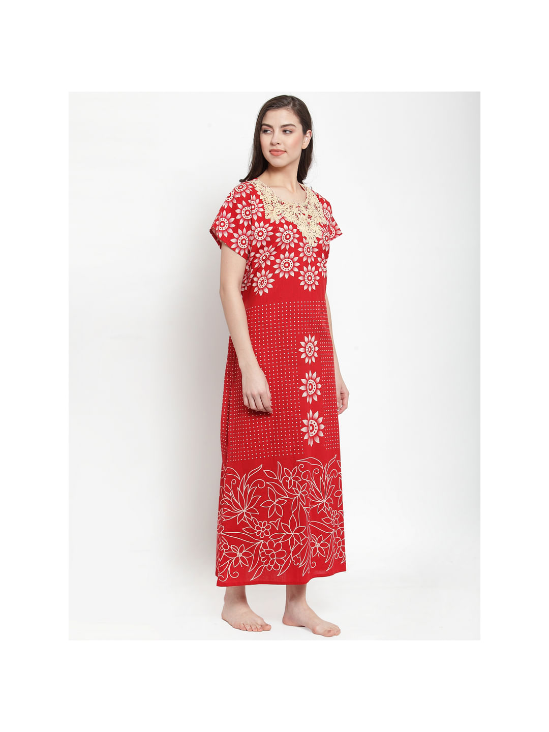 Cotton Red Printed Nighty (Free Size)