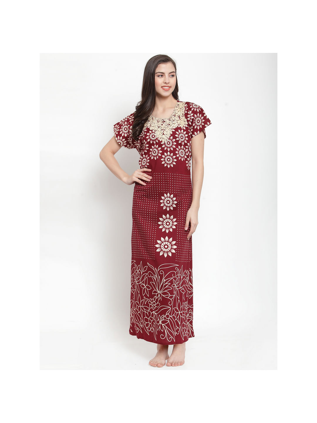 Cotton Maroon Printed Nighty (Free Size)