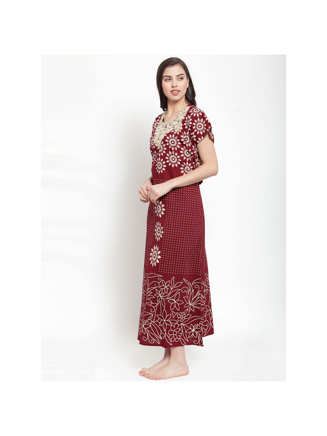 Cotton Maroon Printed Nighty (Free Size)