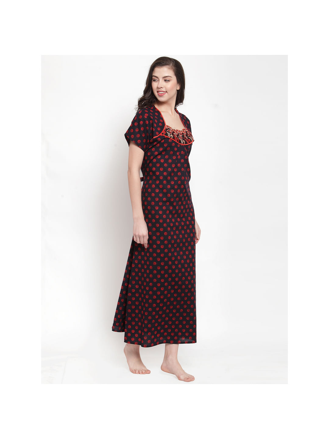 Cotton Black-Red Printed Nighty (Free Size)