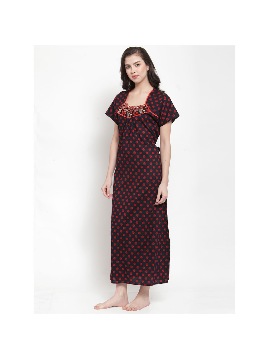 Cotton Black-Red Printed Nighty (Free Size)