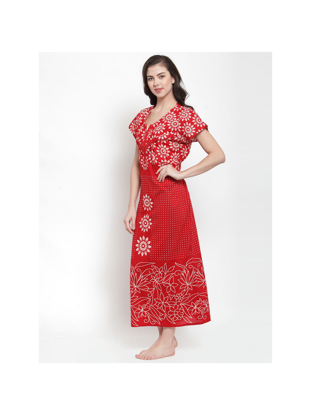 Red-Off-White Printed Maternity Nightdress