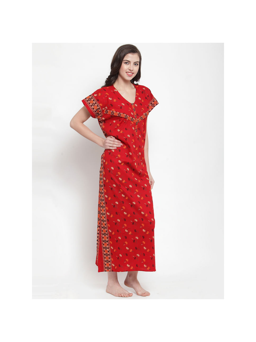 Cotton Red Printed Maternity Nighty (Free Size)