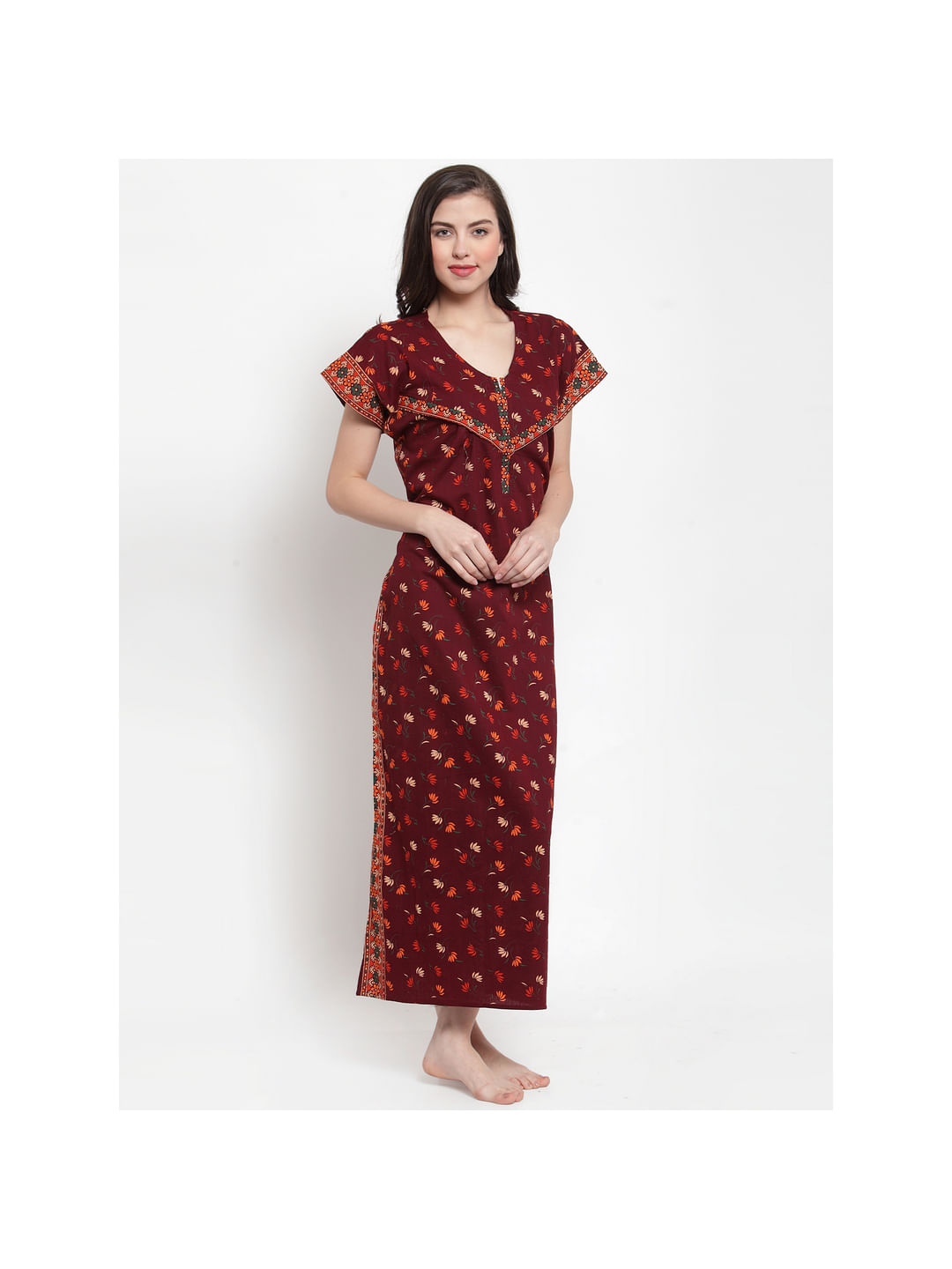 Cotton Maroon Printed Maternity Nighty (Free Size)