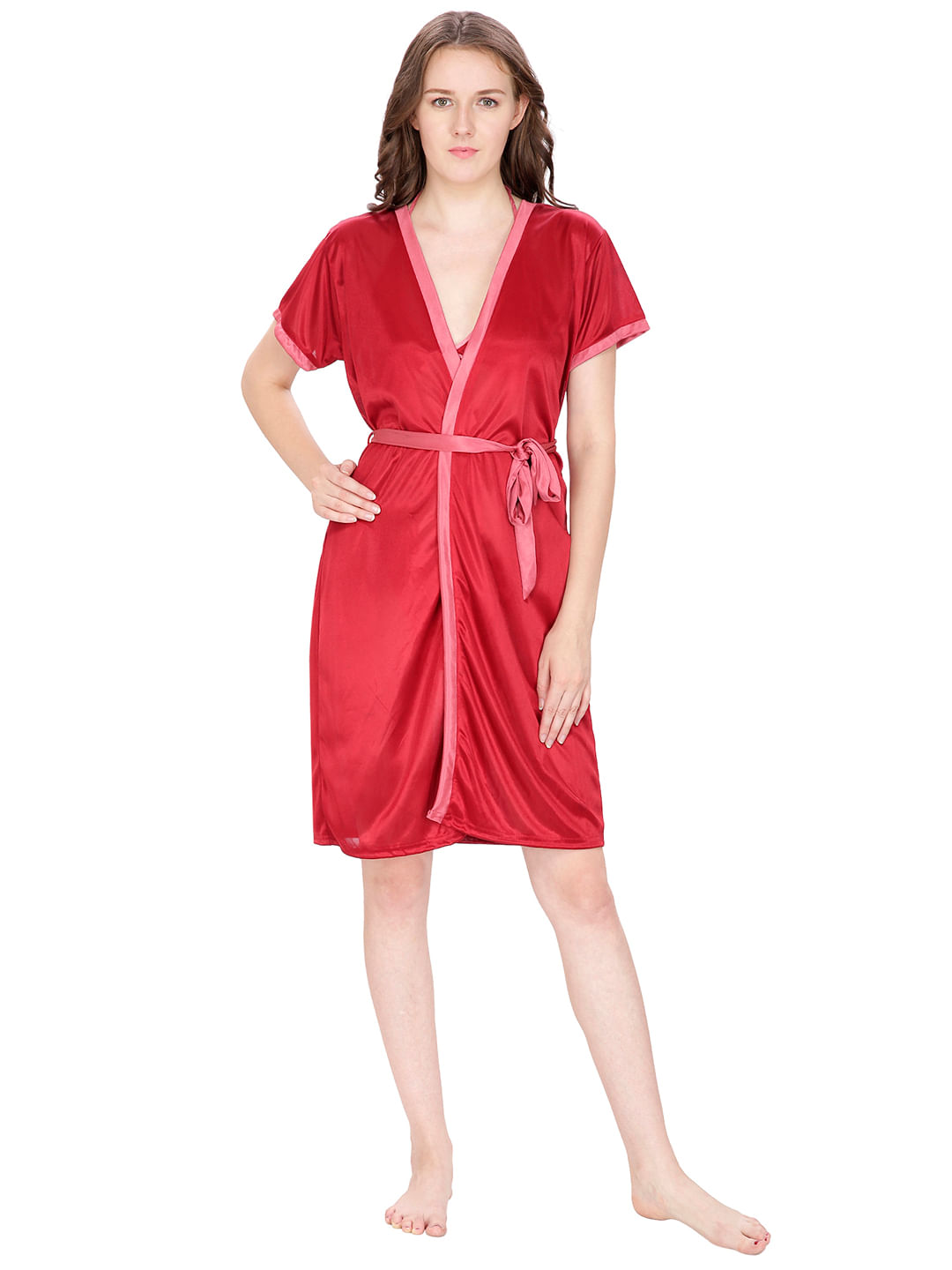 Satin Maroon Robe (Red, Free Size)