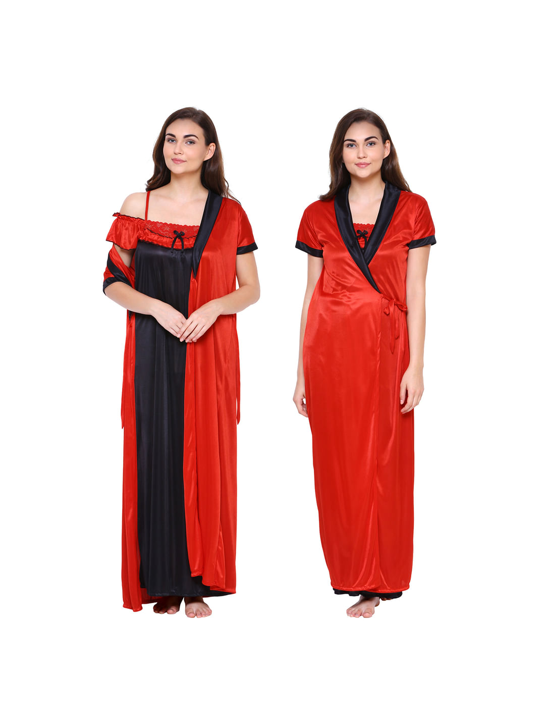 Red-Black Solid Satin Nightdress